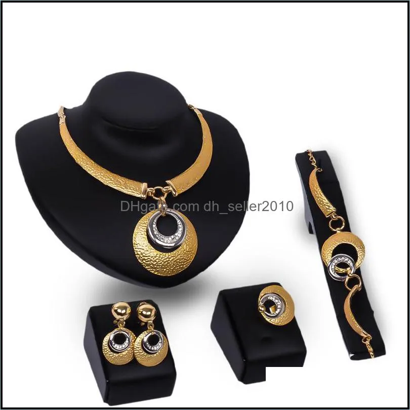 Crystal Wedding Dress Accessories Costume Women Party 18K Gold Plated African Beads Necklace Bangle Earrings Ring Jewelry Sets 2455 T2