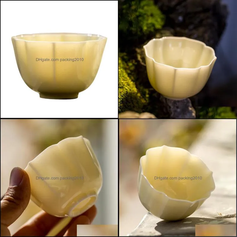 Handmade rice topaz porcelain thin tire household single ceramic flower-shaped Kuikou cup tea cup simple and elegant