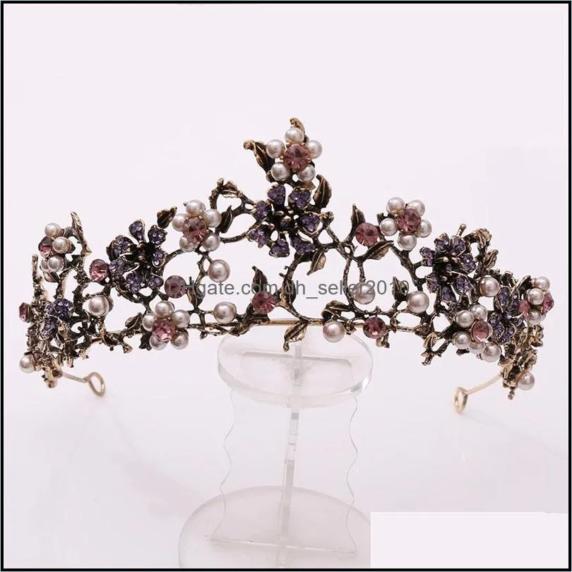 Baroque Vintage Black Purple Crystal Pearls Bridal Tiaras Crown Pageant Diadem Veil Tiara Wedding Hair Accessories 2720 T2