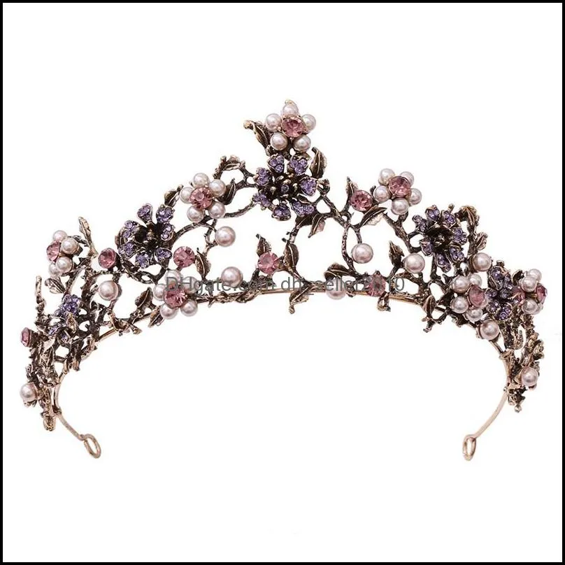 Baroque Vintage Black Purple Crystal Pearls Bridal Tiaras Crown Pageant Diadem Veil Tiara Wedding Hair Accessories 2720 T2