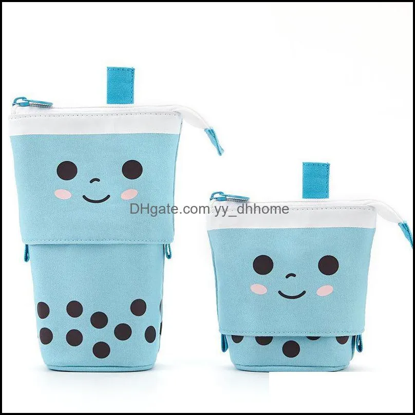 Pencil Cases Korean creative cute milk tea drop-down pen bag can stand retractable round cute cartoon pen holder storage