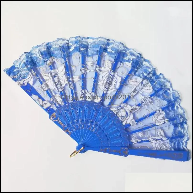 Arts Crafts Lace Dance Fan Show Craft Folding Fans Rose Flower Design Plastic Frame Silk Hand Fan