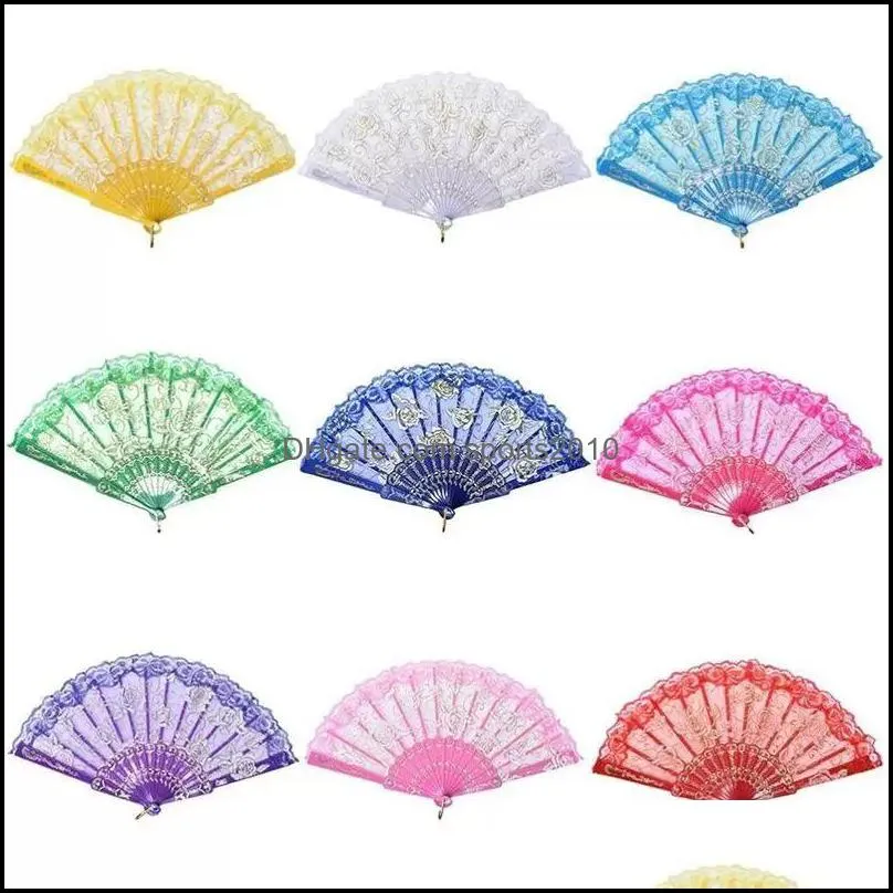 Arts Crafts Lace Dance Fan Show Craft Folding Fans Rose Flower Design Plastic Frame Silk Hand Fan