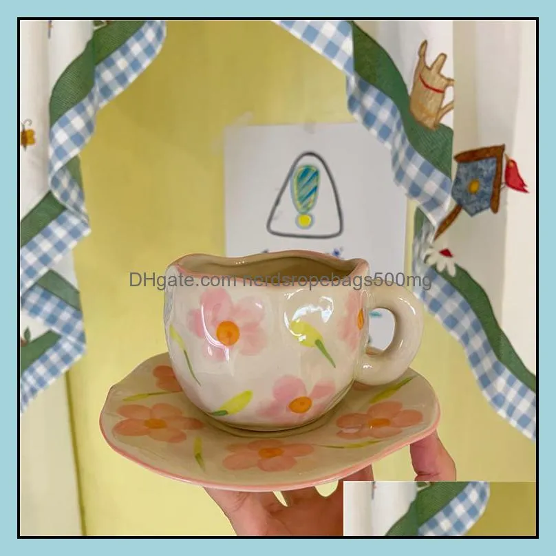 Retro vintage style pink flower hand pinch coffee cup and saucer set afternoon tea ceramic mug