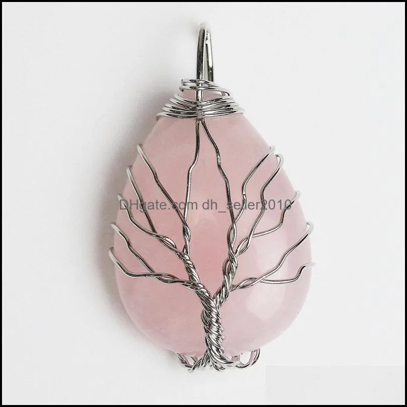 Silver Chain Natural Pink Quartz Opal Agate Stone Pendant Necklaces Handmade Tree of Life Wrapped Drop Crystal Necklace 560 Z2