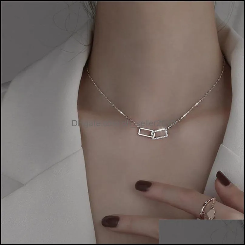 925 Sterling Silver Necklace Shiny Rectangular Pendant Inlaid Cubic Zirconia Choker Gift For Girls Exquisite Jewelry 800 Z2