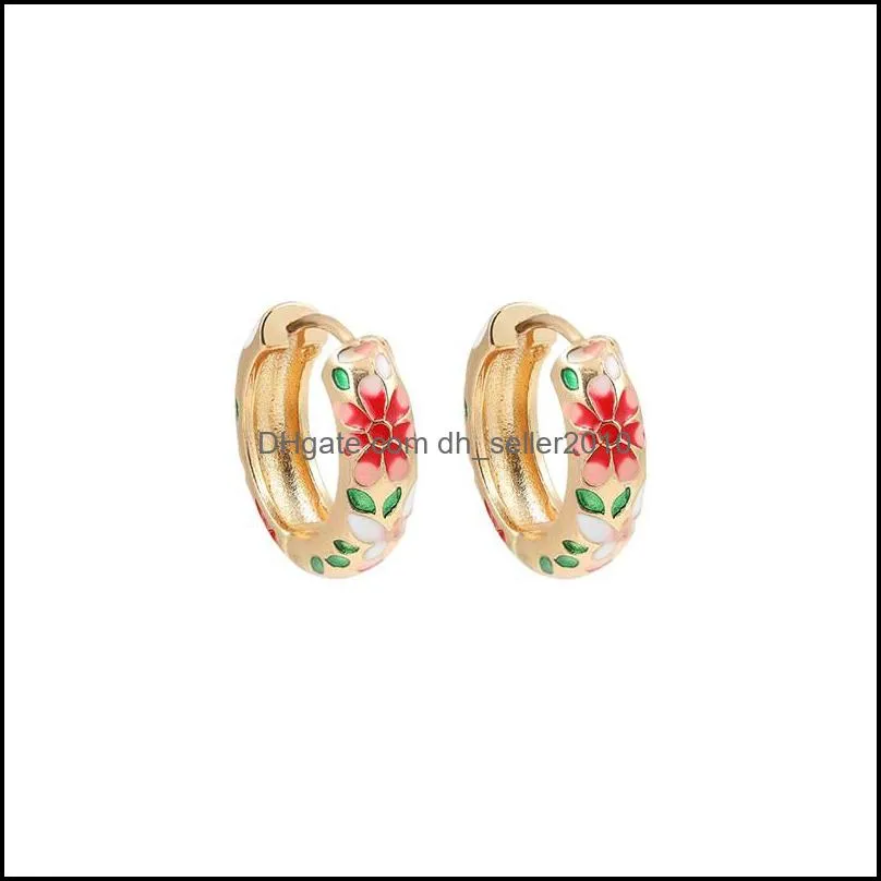 Vintage Enamel Flower Small Stud Earrings Trendy Geometric Statement Round Circle Huggie Earring Fashion Jewelry 83 D3