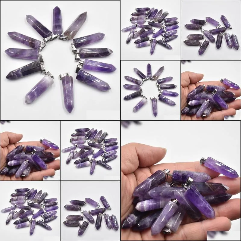 Amethyst Hexagonal Pillar Charms Quartz Crystal Natural Stone Pendants for Necklace Earrings Jewelry Making