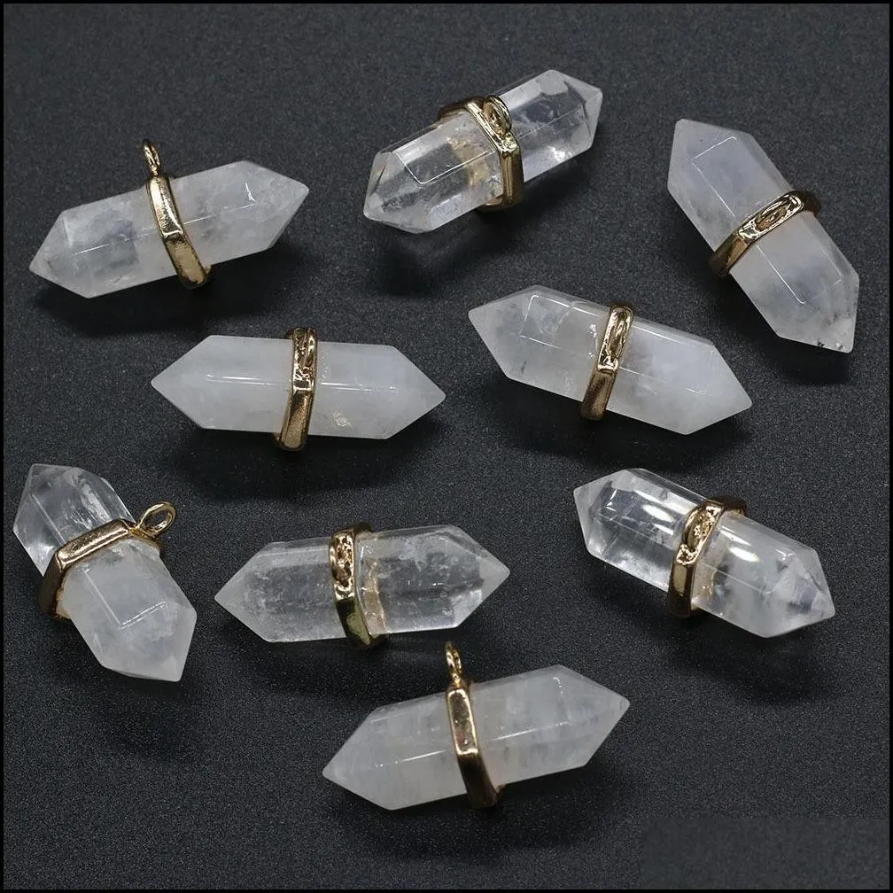 Natural Stone Hexagon Charms white Quartz Healing Reiki Crystal Pendant DIY Necklace Earrings Women Fashion Jewelry Finding 16x36mm