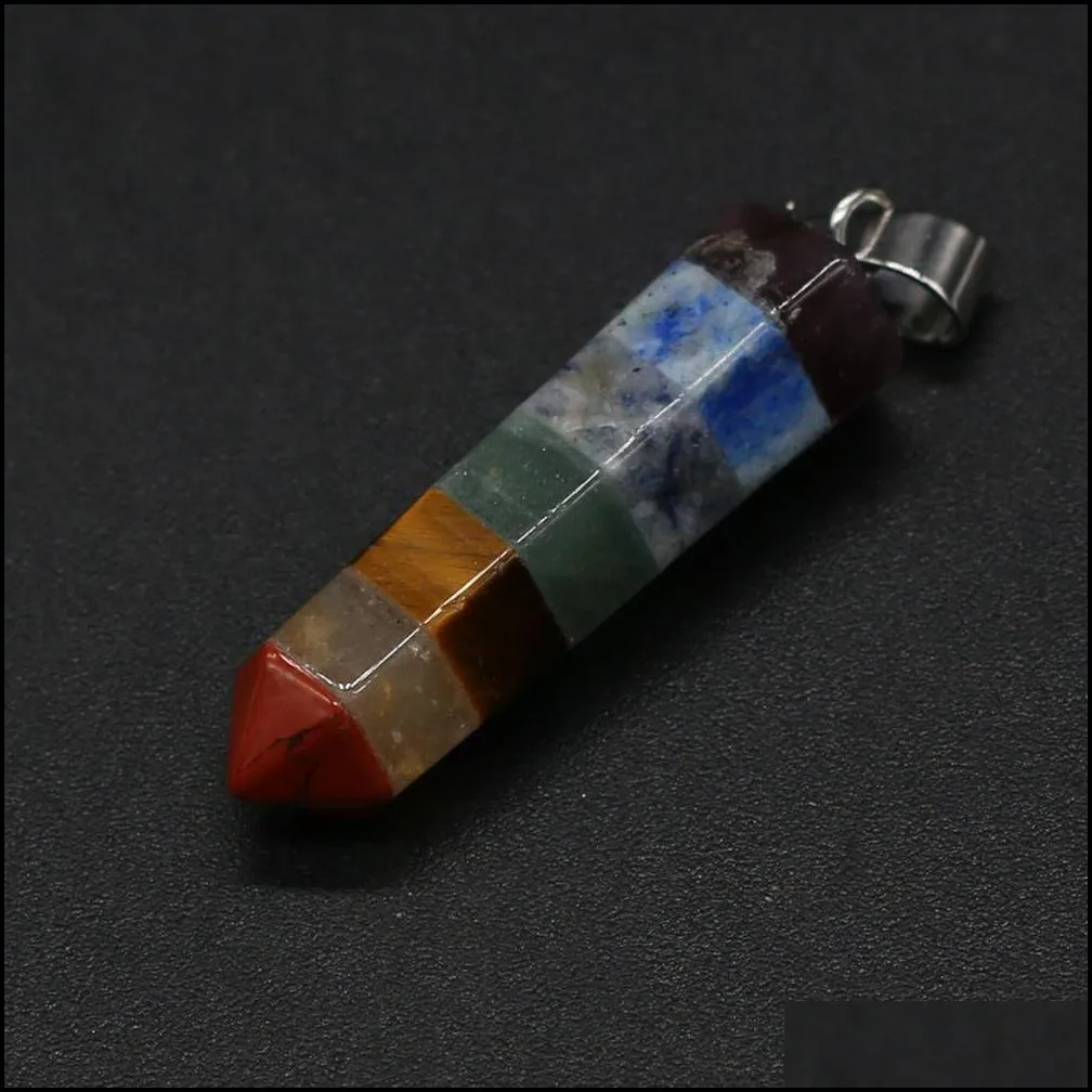 seven chakra Faceted Hexagonal prism Stone Charms Rainbow Quartz Healing Reiki Crystal Pendant Finding DIY Necklaces Women Jewelry