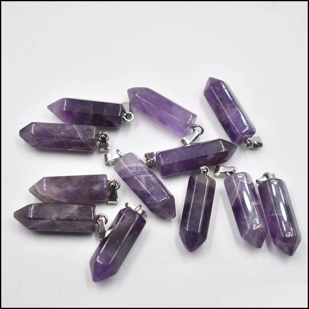 Amethyst Hexagonal Pillar Charms Quartz Crystal Natural Stone Pendants for Necklace Earrings Jewelry Making