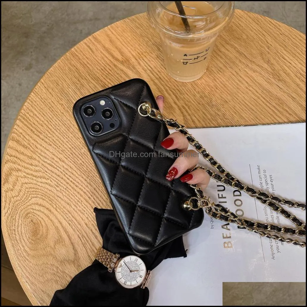 for iphone leather case se2020 cover long metal chain cross body handbag design lambskin 12 11 13 pro max xs max xr 8 7 plus