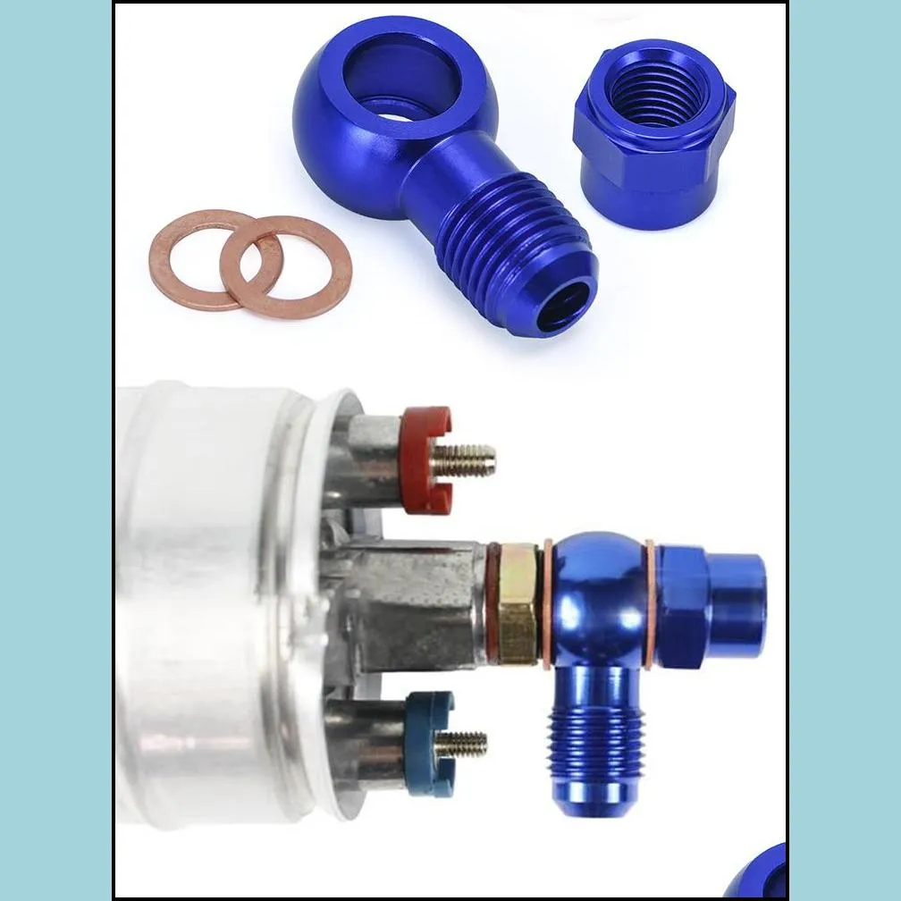 pqy - aluminum blue 044 fuel pump an6 to 12.5mm outlet banjo adapter fitting + cap pqy-fk045bl+fk047