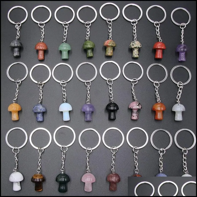 Natural Crystal Stone Key Rings Mushroom Keychains Healing Crystals Car Bag Decor Keyholder for Women Men