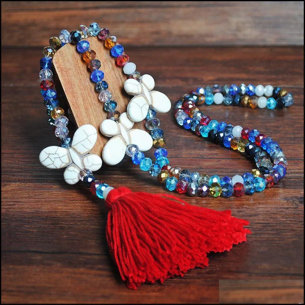 9 color beads crystal necklace white turquoise bow sweater chain hand beaded colorful tassel long necklace