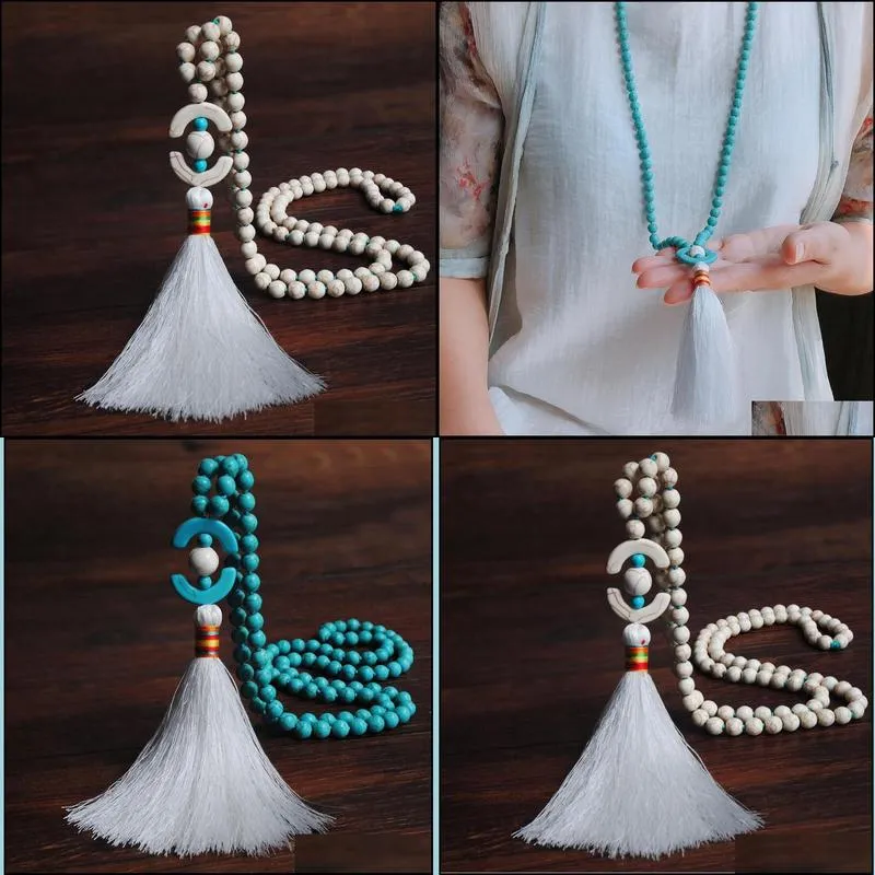 beaded necklaces sweater chain tassel pendant blue white turquoise long european and american beautiful necklace jewelry pendants
