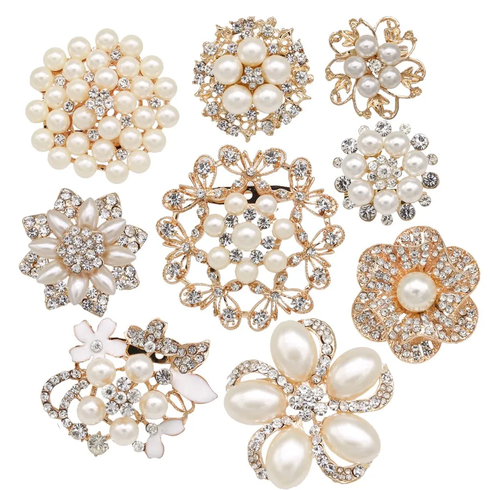 silvertone rhinestone brooches big pearl crystal wedding bouquet kit set wholesale lot set pins fashion women girl flower clear brooch