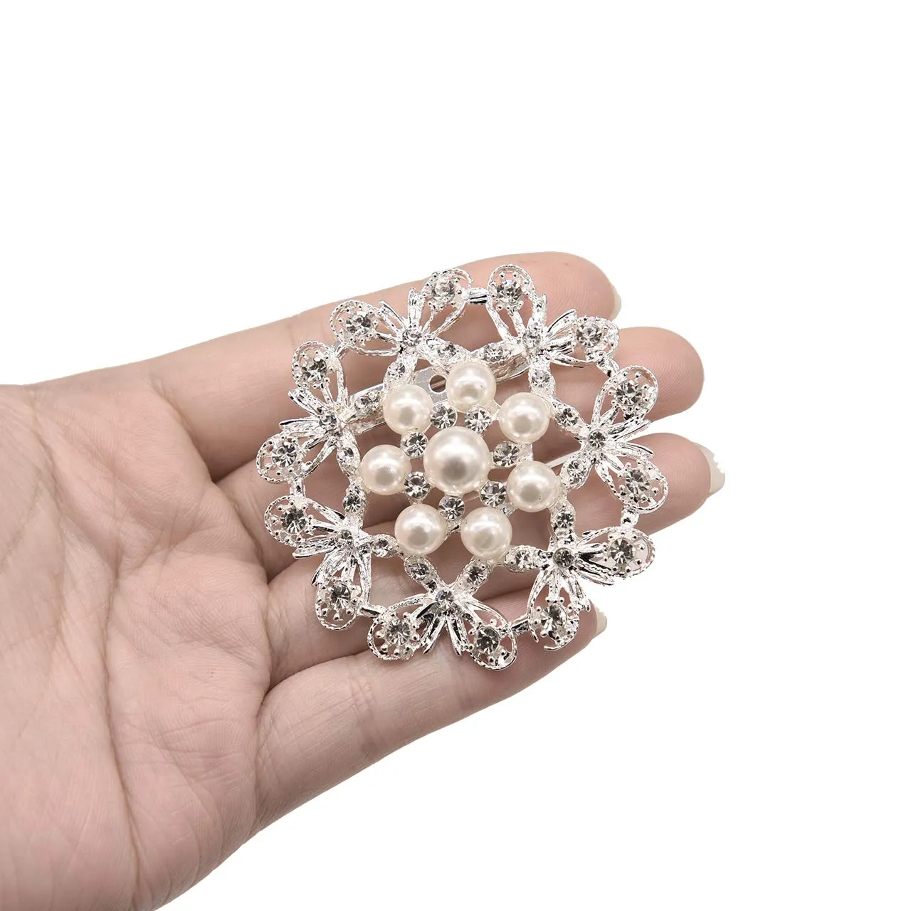 silvertone rhinestone brooches big pearl crystal wedding bouquet kit set wholesale lot set pins fashion women girl flower clear brooch