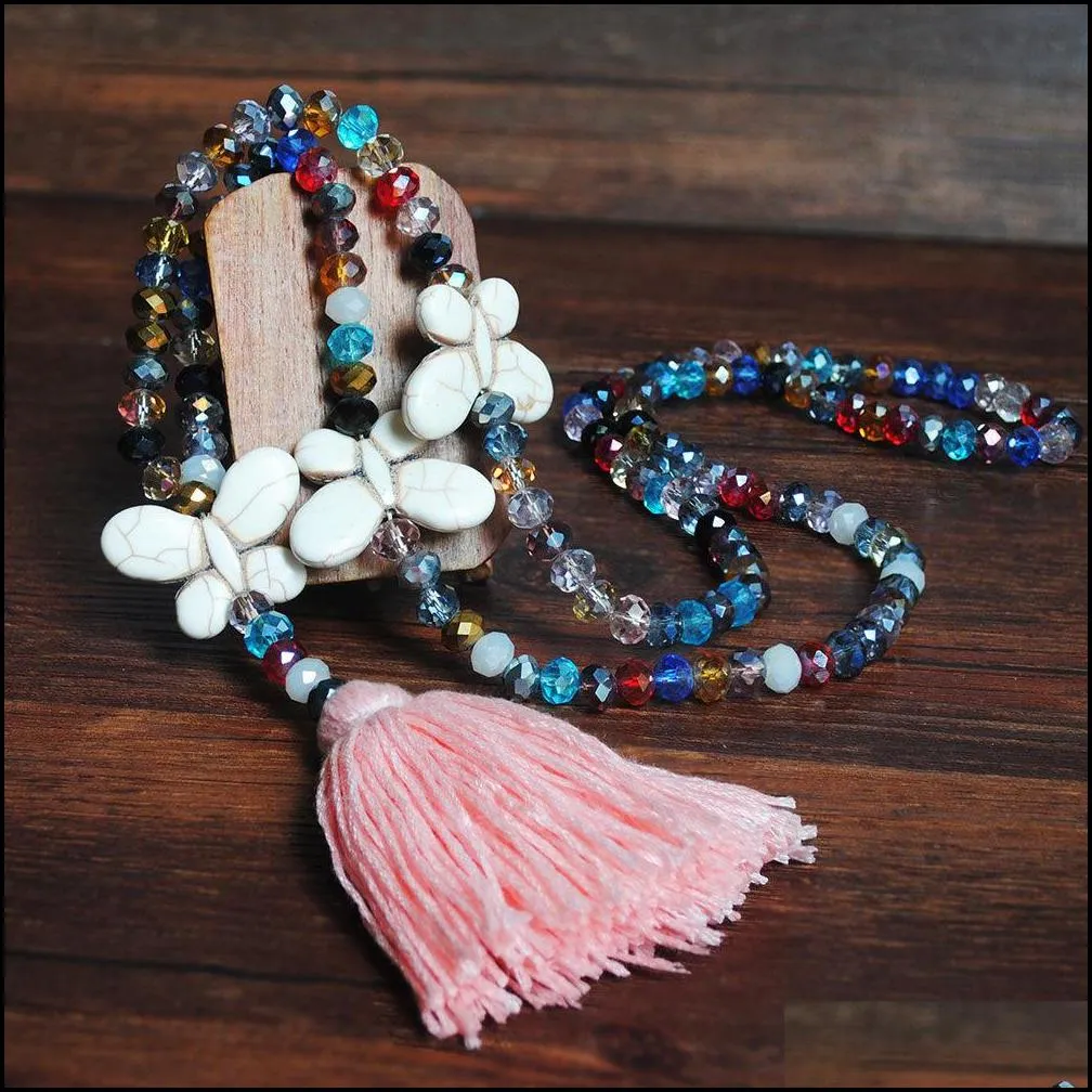 9 color beads crystal necklace white turquoise bow sweater chain hand beaded colorful tassel long necklace