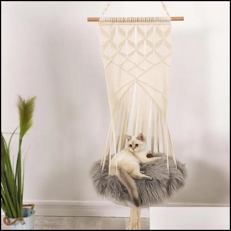 Cat Swing Hammock Boho Style Cage Bed Handmade Hanging Sleep Chair Seats Tassel Cats Toy Play Cotton Rope Pets House