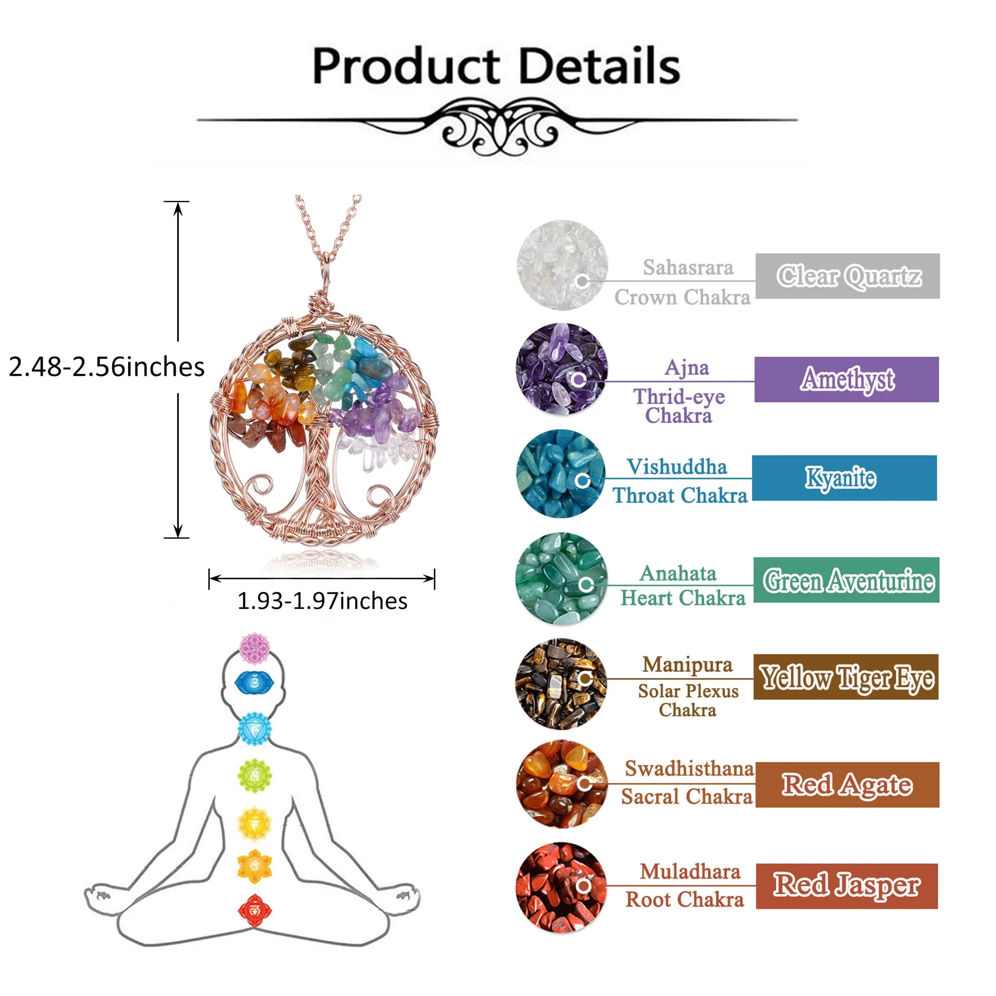 7 chakra healing crystal necklace tree of life wire wrapped pendant necklaces reiki stone gemstone quartz jewelry for womens girls