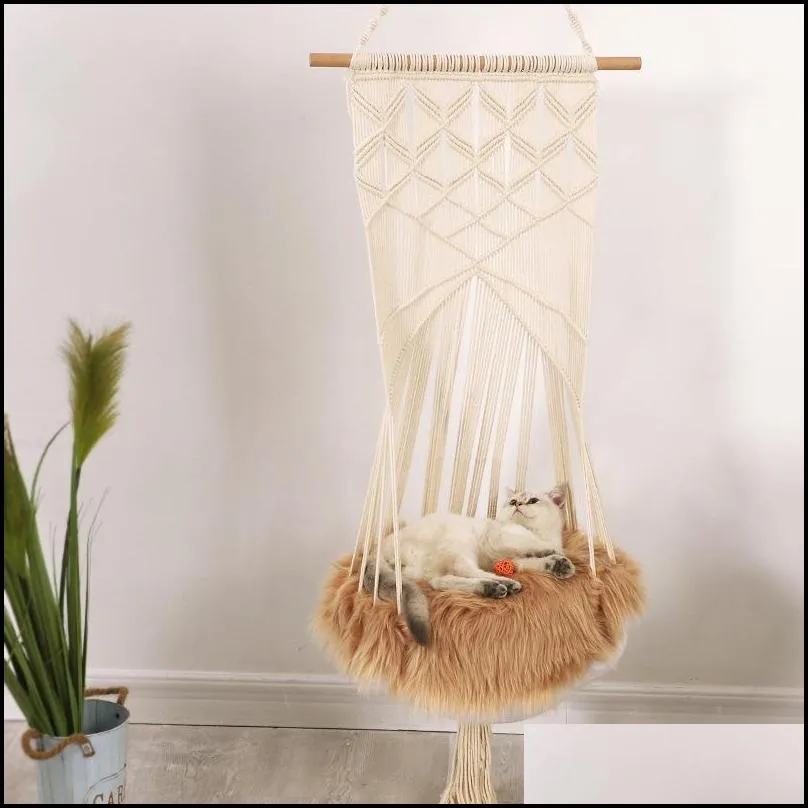 Cat Swing Hammock Boho Style Cage Bed Handmade Hanging Sleep Chair Seats Tassel Cats Toy Play Cotton Rope Pets House