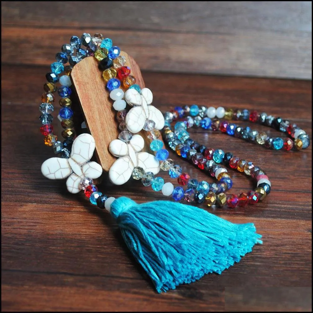 9 color beads crystal necklace white turquoise bow sweater chain hand beaded colorful tassel long necklace