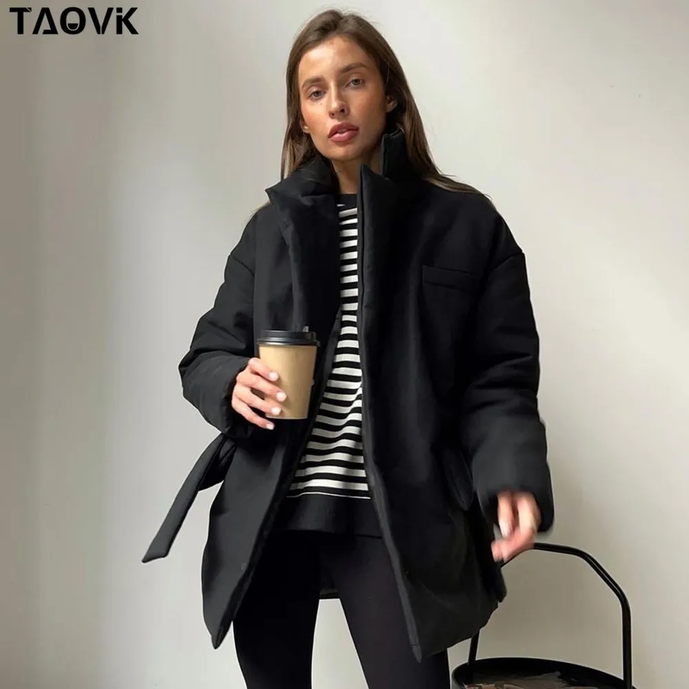 Womens Down Parkas TAOVK Short Winter Parkas Women Warm Down Cotton Jacket Female Casual Loose Outwear A Belt Cottonpadded Coat 221010