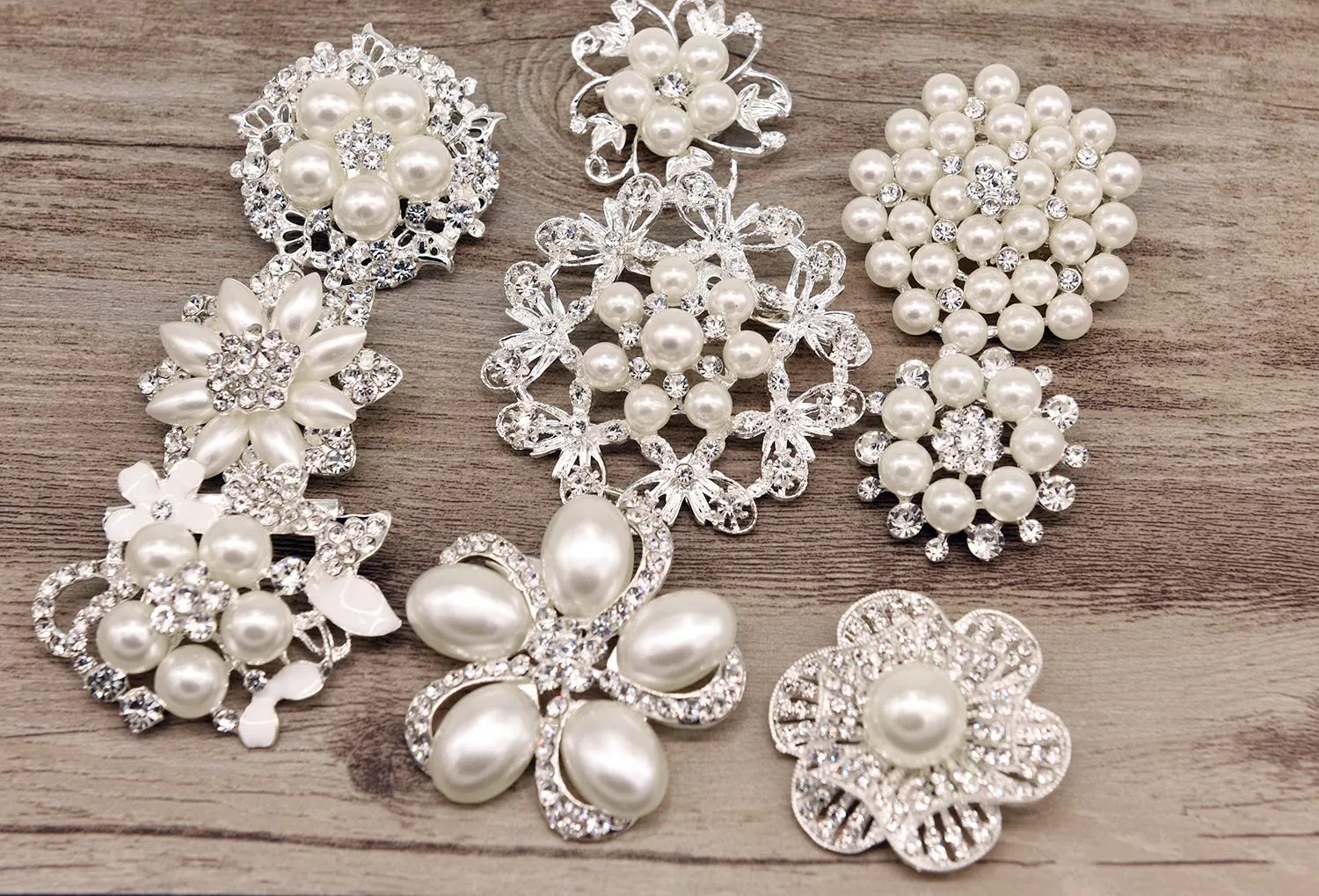 silvertone rhinestone brooches big pearl crystal wedding bouquet kit set wholesale lot set pins fashion women girl flower clear brooch