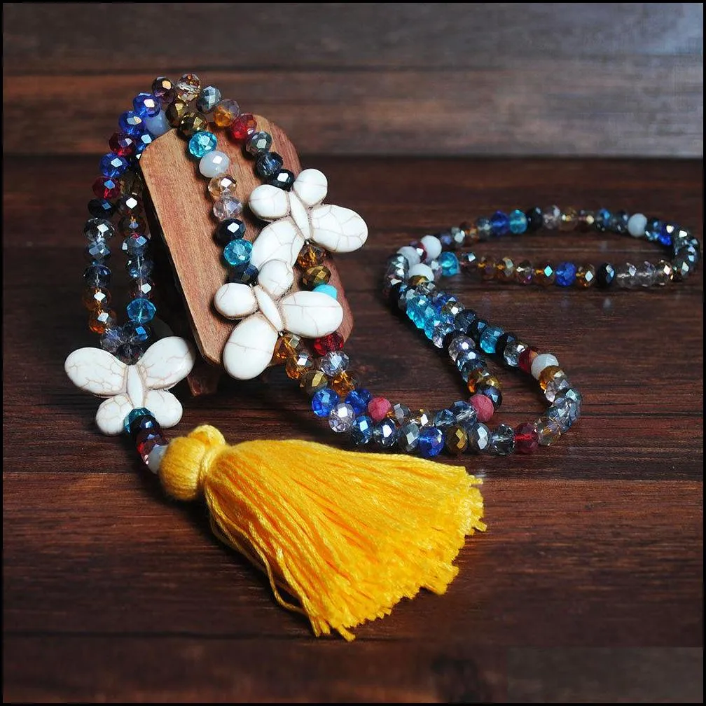 9 color beads crystal necklace white turquoise bow sweater chain hand beaded colorful tassel long necklace