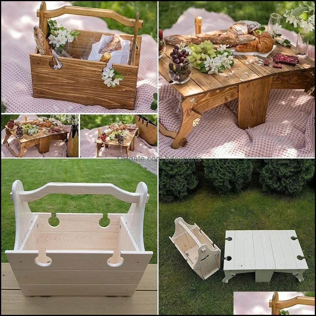 Festive birthday Folding Picnic Basket Table Outdoor 2 in 1 Convertible Storage Wooden Basket