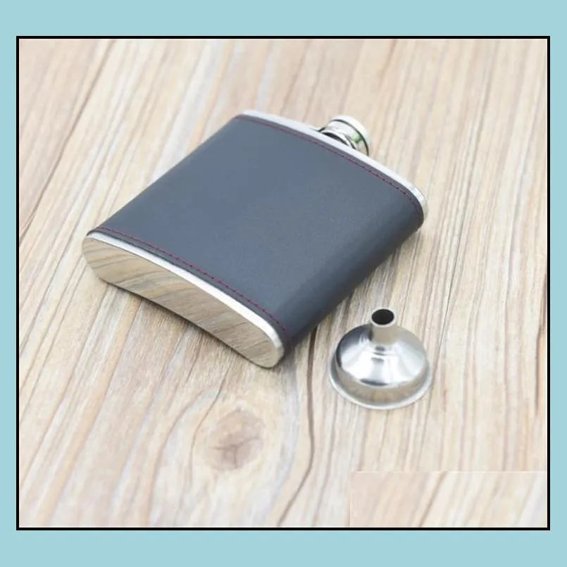 6oz stainless steel hip flask portable metal wine pot pu cover hip flask with funnel for men