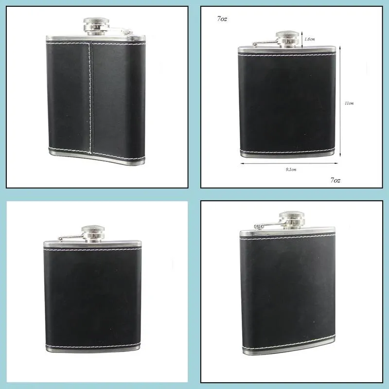 7oz hip flask stainless steel flagon wine pot outdoor portable pu leather cover hip flasks whiskey bottle