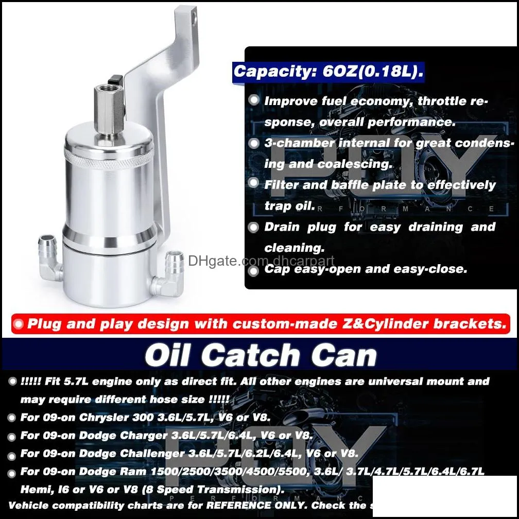 PQY - 0.18L Aluminum Oil Catch Can Tank With Baffle Plate For  Ram 1500 2500 3500 5.7L 6.4L HEMI 2009-2019 PQY-OTK02