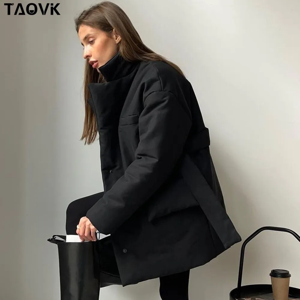 Womens Down Parkas TAOVK Short Winter Parkas Women Warm Down Cotton Jacket Female Casual Loose Outwear A Belt Cottonpadded Coat 221010