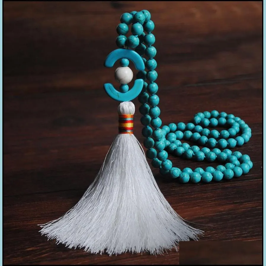 beaded necklaces sweater chain tassel pendant blue white turquoise long european and american beautiful necklace jewelry pendants