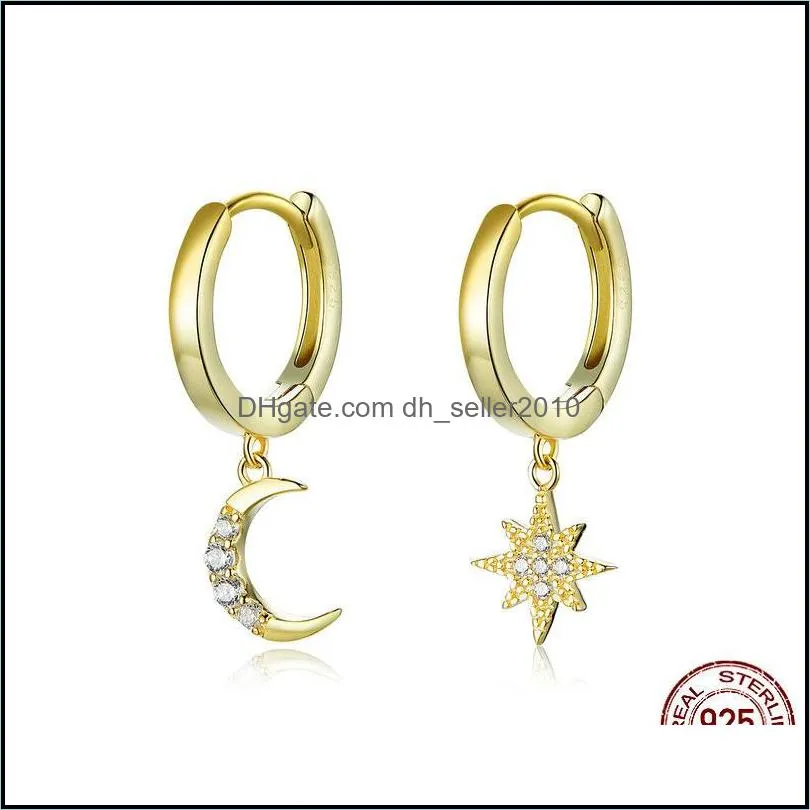 genuine 925 sterling silver moon and star dangle earrings with charm clear cz gold color jewelry bijoux