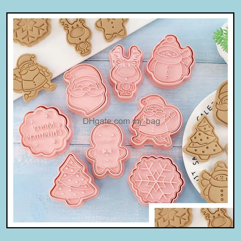 Bakeware 8 Pcs/Set DIY Christmas Cartoon Biscuit Mould Cookie Cutter 3D Biscuits Mold ABS Plastic Baking Mould Cookie Decorating Tools