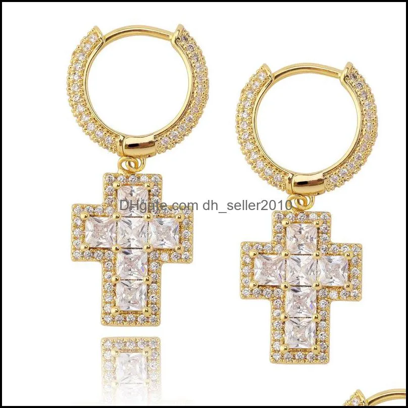 cubic zirconia fashion cross earrings stud for mens gold plated jewelry women key dangle iced out diamond earings rings 1283 b3