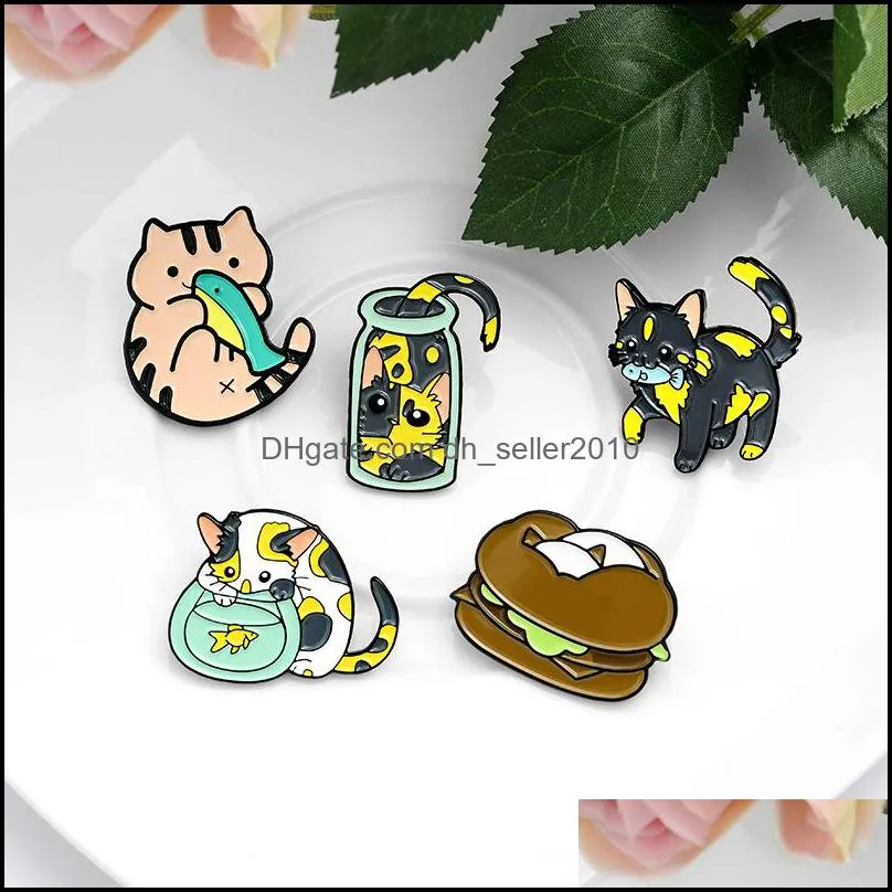 cartoon enamel brooch pin a cat with a fish in its mouth animal cloisonne badge manuafacture fashion brooches jewelry wholesale 1 5qs