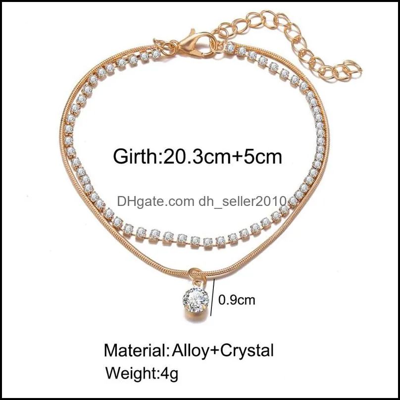 double-deck anklet rhinestone crystal ankle charm bracelet boho beach anklets for women sandals foot bracelets female wedding jewelry 594