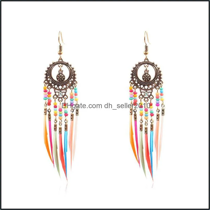 feather tassel earrings circular hollowing out eardrop charm alloy fashion women ear pendants bohemia exquisite jewelry accessory 3 19hh