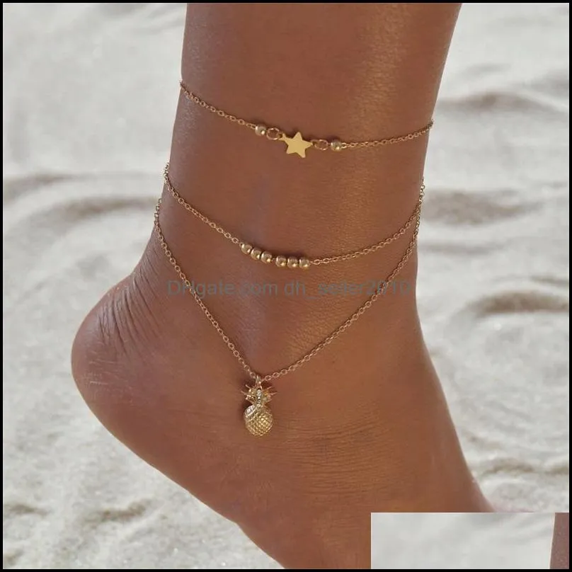 multilayer men women ankle jewelry pineapple beaded stars pendant ankles bracelets alloy anklets chain 2020 fashion new arrival 2ym