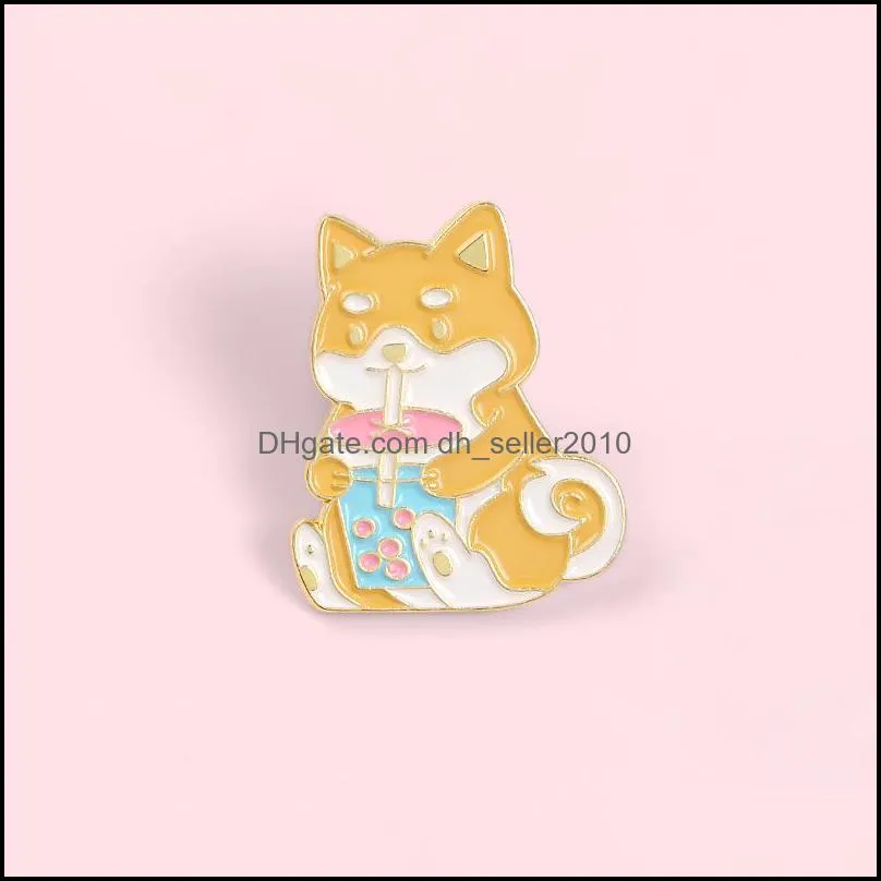 dog animal enamel pin brooches for women cute akita dog badge drinking milk tea cartoon lapel pin clothes backpack jewelry gift 937 q2