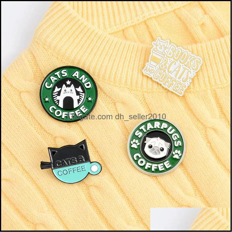 cats coffee enamel pin custom pug puppy cat cafe brooches badges bag shirt lapel pin buckle cute animal jewelry gift for friends 707