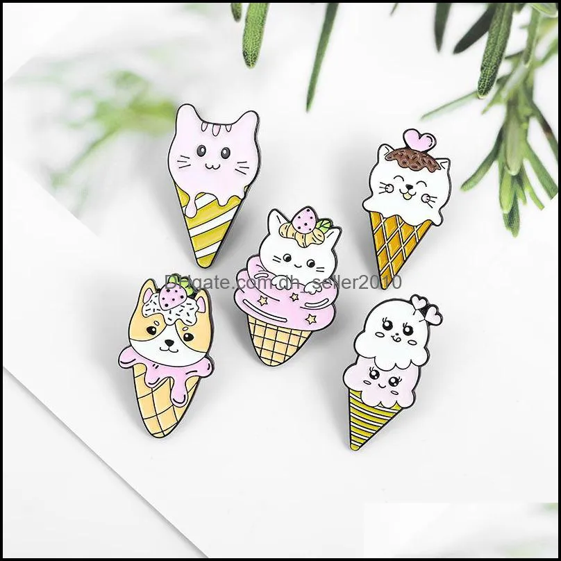 ice cream pink cat enamel brooches pin for women fashion dress coat shirt demin metal brooch pins badges promotion gift 2021 new design