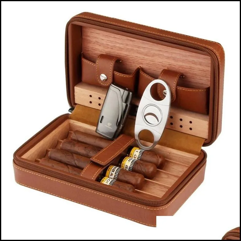 portable cedar wood cigar humidor leather wrap travel cigar case 4 cigars box storage humidors humidifier accessories for sigar