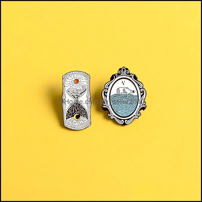 magic mirror enamel pin simple sun and moon hourglass time passed badge brooches shirt jackets bag lapel pin jewelry friends gift 710