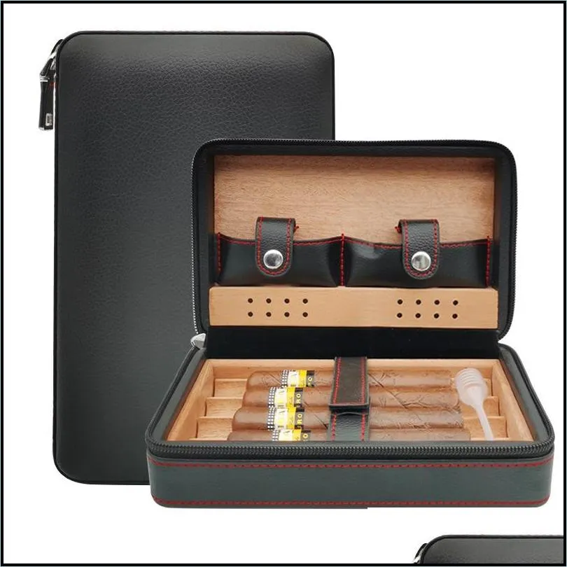 portable cedar wood cigar humidor leather wrap travel cigar case 4 cigars box storage humidors humidifier accessories for sigar