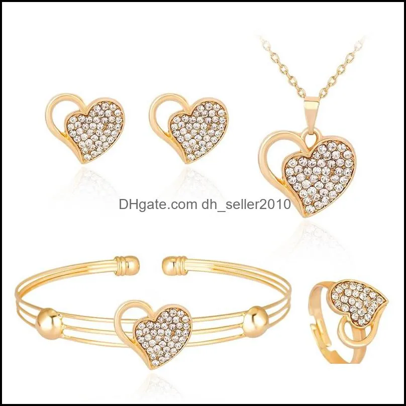 luxury crystal heart jewelry set for women wedding gold love shape pendant necklace stud earrings rings cuff bangle bracelet 2947 q2